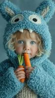 Child in a blue furry costume holds carrots, looking playfully at the camera in a studio setting photo