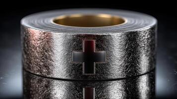 Reflective silver tape roll with cross symbol on black surface highlighting texture and design details photo