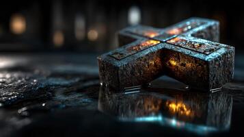 Metal cross symbol illuminated by soft light reflections in a darkened environment photo