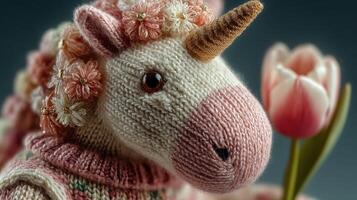 Knitted unicorn holding a flower in a cozy, artistic setting showcasing craftsmanship and creativity photo