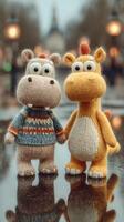 Colorful knitted animal toys standing on a reflective surface near city lights during a cloudy day photo