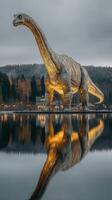 Giant dinosaur statue stands near a tranquil lake in a cloudy evening landscape photo