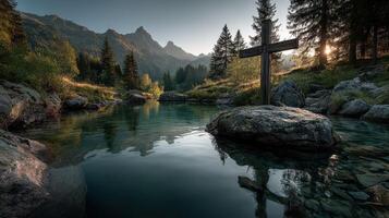 Serene mountain landscape with a wooden cross at sunset near a calm lake surrounded by trees photo