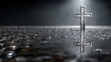 Silver cross reflected in water with coins around it creates a serene atmosphere during dusk photo