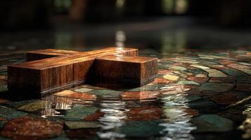 Wooden cross resting on water-covered stones in serene environment, reflecting peaceful atmosphere photo
