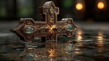Intricately designed golden cross rests on reflective surface in a dimly lit setting surrounded by soft glowing lights photo