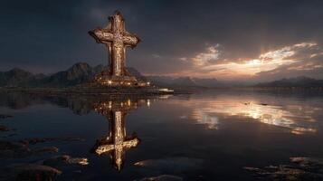 Majestic illuminated cross reflecting on tranquil water at sunset in remote mountain landscape photo