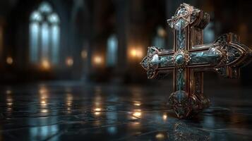 Intricately designed cross with gemstones rests on a reflective stone floor in an ancient, dimly lit cathedral photo