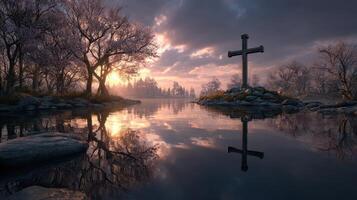 Sunset over a serene lake with a wooden cross amidst trees in a tranquil setting photo