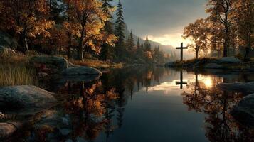 Serene autumn landscape with a reflective river and golden foliage at sunset near a cross photo