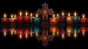 Colorful candles with a cross reflecting on water during a serene evening moment photo