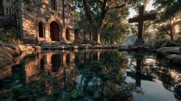 Beautiful serene landscape with stone building and cross during golden hour near reflective water photo