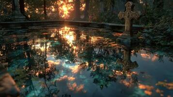 Sunset reflections on an ancient cross beside a tranquil pond in a serene forest photo