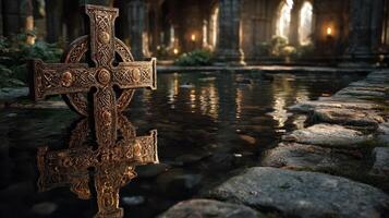 Beautifully ornate cross reflecting in tranquil water within an ancient stone ruin during sunset photo