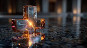 Crystal cross sculpture illuminated in a dimly lit room with reflections on a polished surface photo