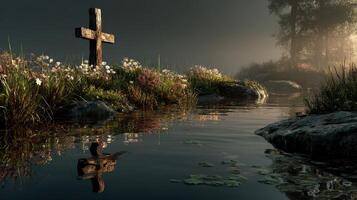 Quiet reflection at dawn beside a serene stream with flowers and a wooden cross photo