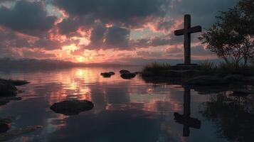 Sunset over tranquil lake with a wooden cross and reflections on the water photo