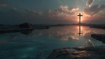 Cross stands near the water during sunset with dramatic clouds in the background photo