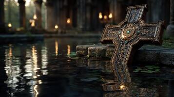 Intricate celtic cross resting on stones beside still water in ancient ruins at dusk photo