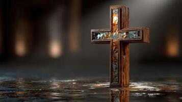 Stunning stained glass cross displayed on a reflective surface illuminated by soft background lighting photo