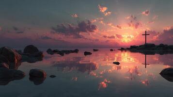 Tranquil sunset over water with a cross reflecting on the surface and serene clouds in the sky photo