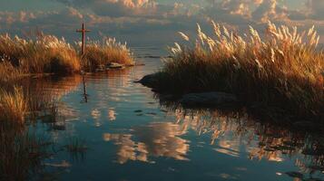 Golden reflections on tranquil waters at sunset near a cross by a serene lakeside photo