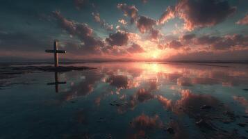 Majestic sunset reflections over calm water with a lone cross silhouetted against the vibrant sky photo