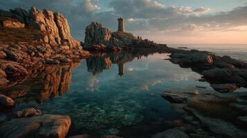 Lighthouse standing proud against serene waters at twilight near rocky coastline photo