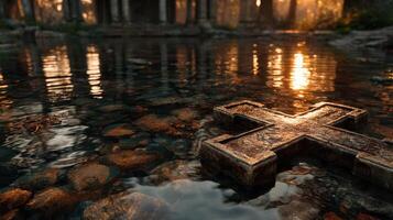 Moss-covered cross resting on stone bed in tranquil water during golden hour at an ancient ruins site photo