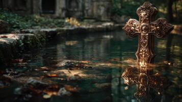 Cross illuminated above water among autumn leaves in a serene forest setting during late afternoon photo