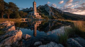 Stunning sunset reflection of a historic tower on a serene lake surrounded by mountains in a tranquil landscape photo