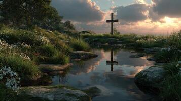 Majestic cross reflected in serene water surrounded by nature at sunset near a tranquil stream photo