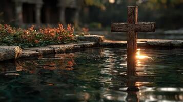 Wooden cross reflected in still water at sunset near ancient ruins surrounded by lush greenery photo