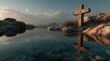 Nature and serenity blend with a stone cross near a tranquil water body surrounded by rugged rocks photo