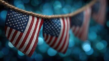 Colorful American flags hang on twine against a shimmering blue background celebrating patriotism during a summer event photo