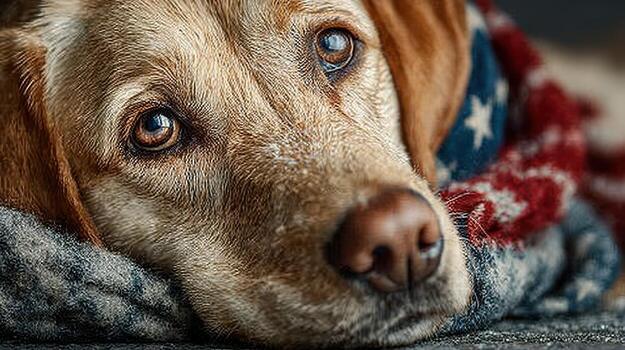 Labrador resting on cozy blanket with American flag pattern in a cozy indoor space during the day photo