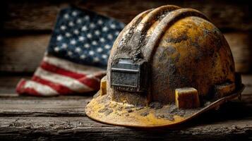 Construction helmet rests on weathered wood near an American flag, representing hard work and dedication to craftsmanship photo
