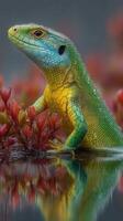 Colorful lizard perched among vibrant plants reflects in calm water during a sunny day photo