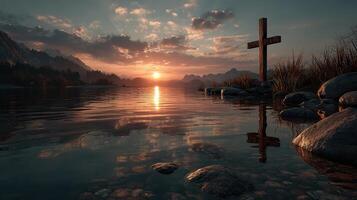 Sunset over serene lake with cross reflection and rocky shore in tranquil landscape photo