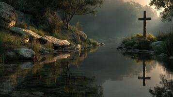 Tranquil riverside with a wooden cross at dawn surrounded by mist and natural landscape photo