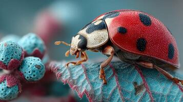 Close-up view of a vibrant ladybug resting on a blue plant leaf during daylight in a garden setting photo
