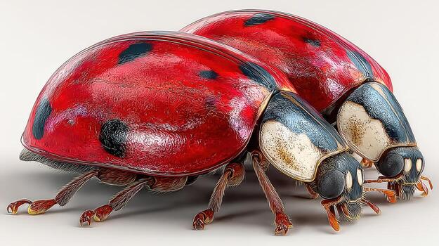 Close-up view of two ladybugs on a light background showcasing intricate details of their shells and features during daylight photo