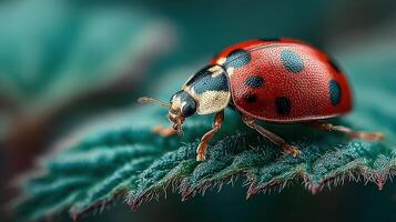 Close-up view of a ladybug resting on a green leaf in a natural setting during daylight hours photo