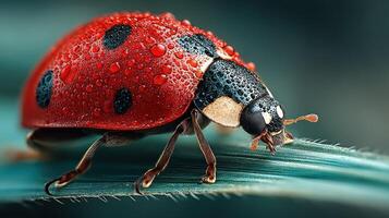 Bright red ladybug on a green leaf covered in water droplets during a sunny afternoon in a serene garden photo