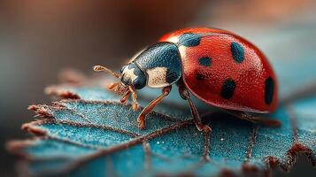 Detailed close-up of a ladybug exploring a vibrant leaf in a sunny garden setting during springtime photo