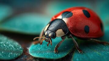 Close-up view of a ladybug on green leaves under natural light in a serene garden setting photo