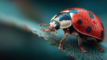 Colorful ladybug perched on a green leaf in a close-up view during a sunny day in a garden photo