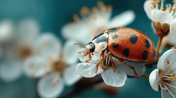 Close-up of a ladybug resting on delicate white blossoms in a spring garden photo
