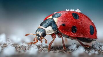 Close-up view of a red ladybug exploring a snowy landscape during winter day photo