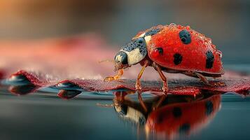 Bright ladybug perched on a leaf with water droplets reflecting sunlight in a garden at dawn photo